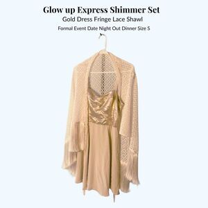 Gold Evening Dress Sz. S with Shimmer Lace Fringe Shawl | Art Deco Glam